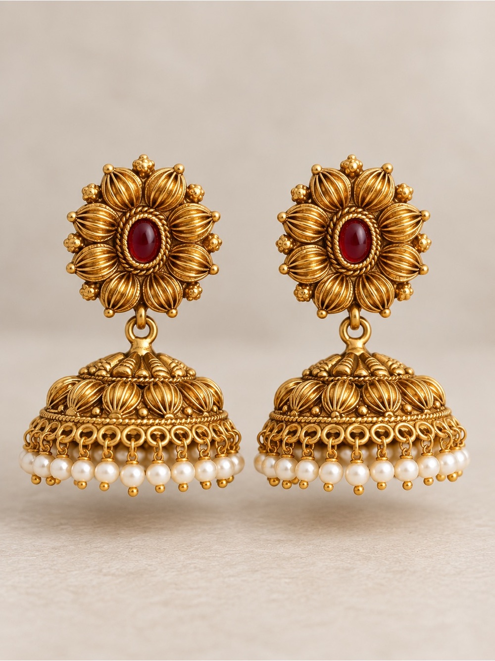 Traditional Temple Jhumka Earrings with Red Stone and Pearl Fringe
